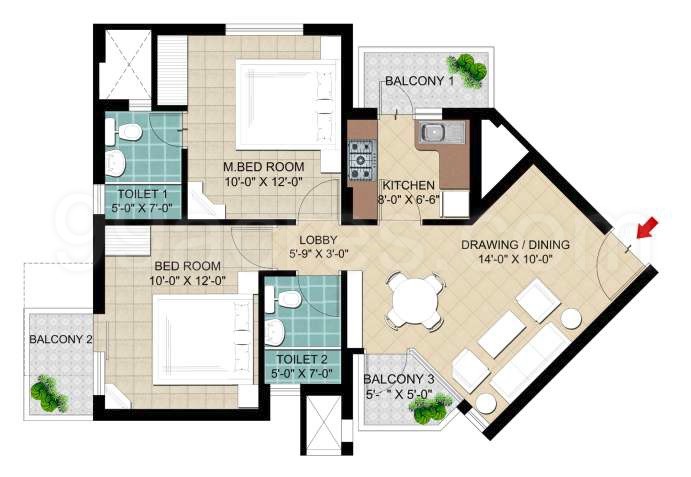 2 BHK + 2T Floor Plan