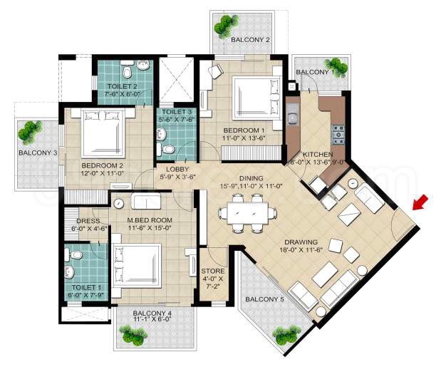 3 BHK + 3T Floor Plan
