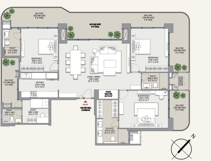 3 BHK + Utility Floor Plan