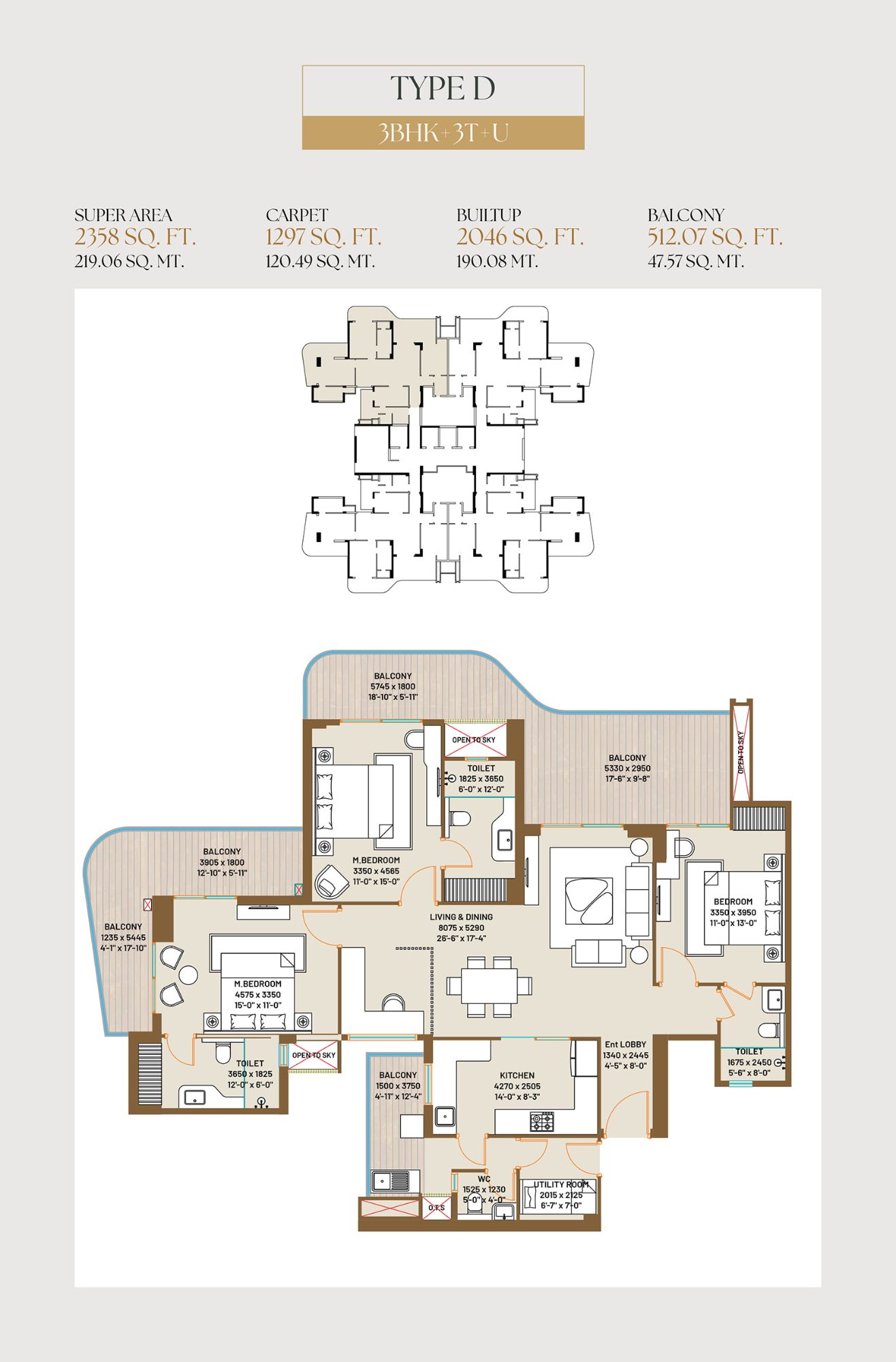 3 BHK + Utility Floor Plan