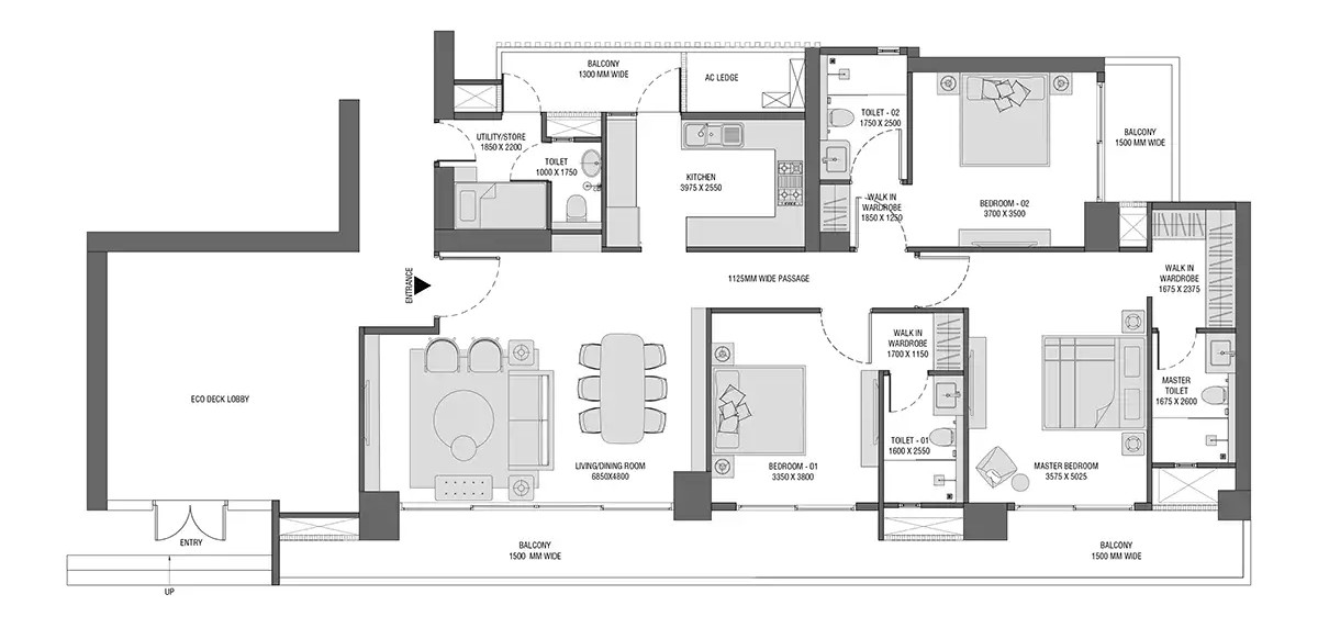 3 BHK + Utility Floor Plan
