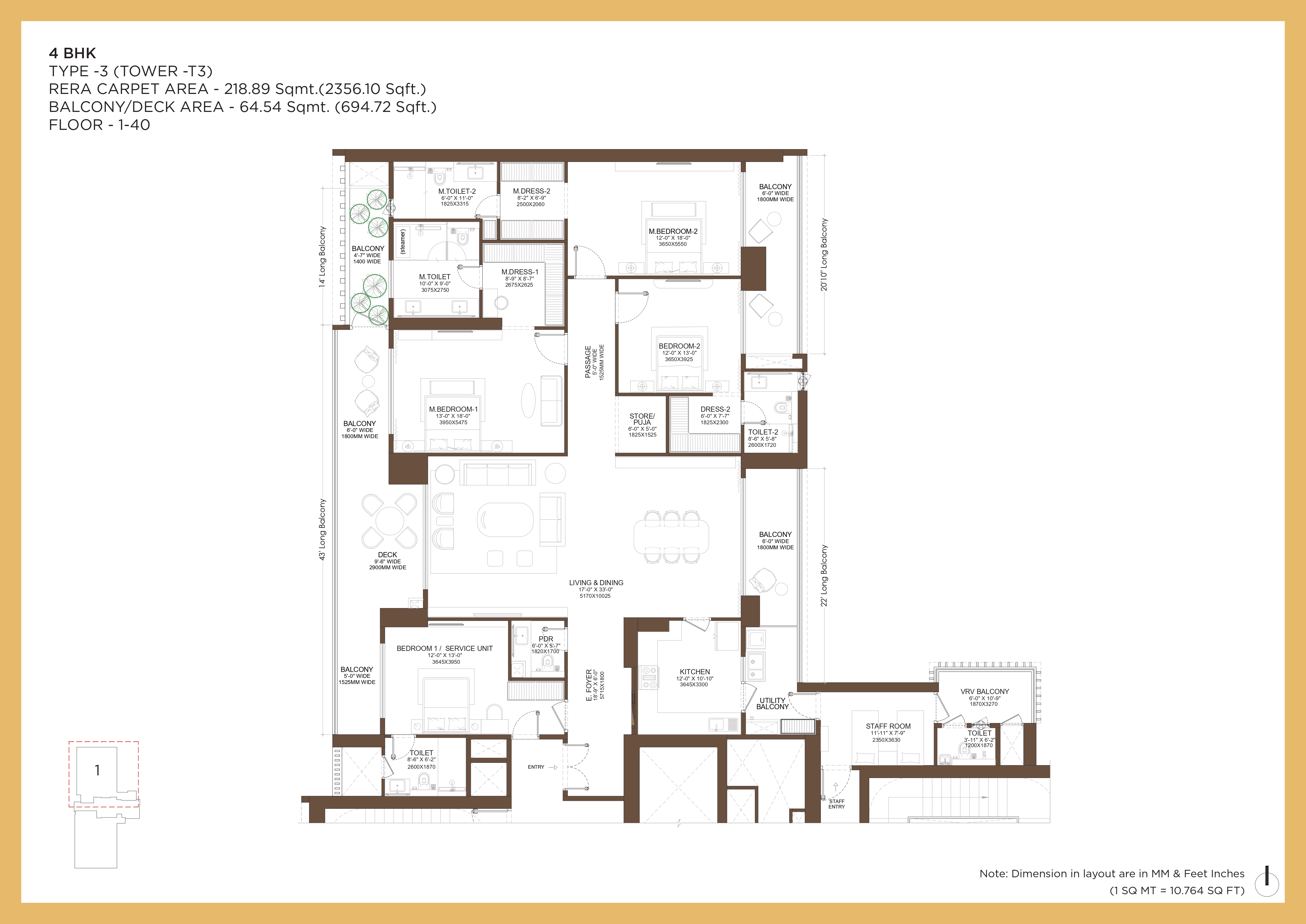 4 BHK + Servant Room Floor Plan
