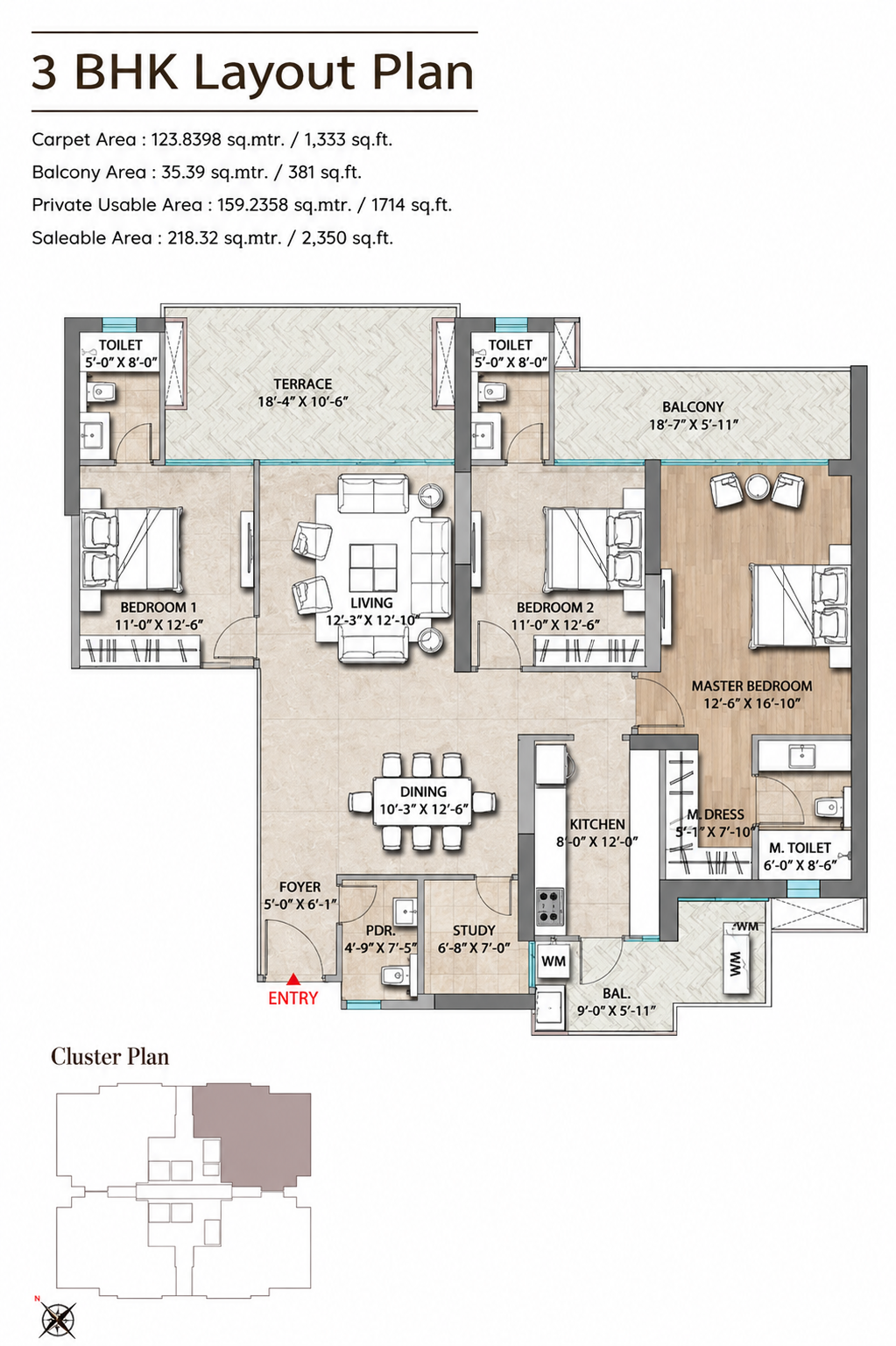3 BHK + Utility Floor Plan
