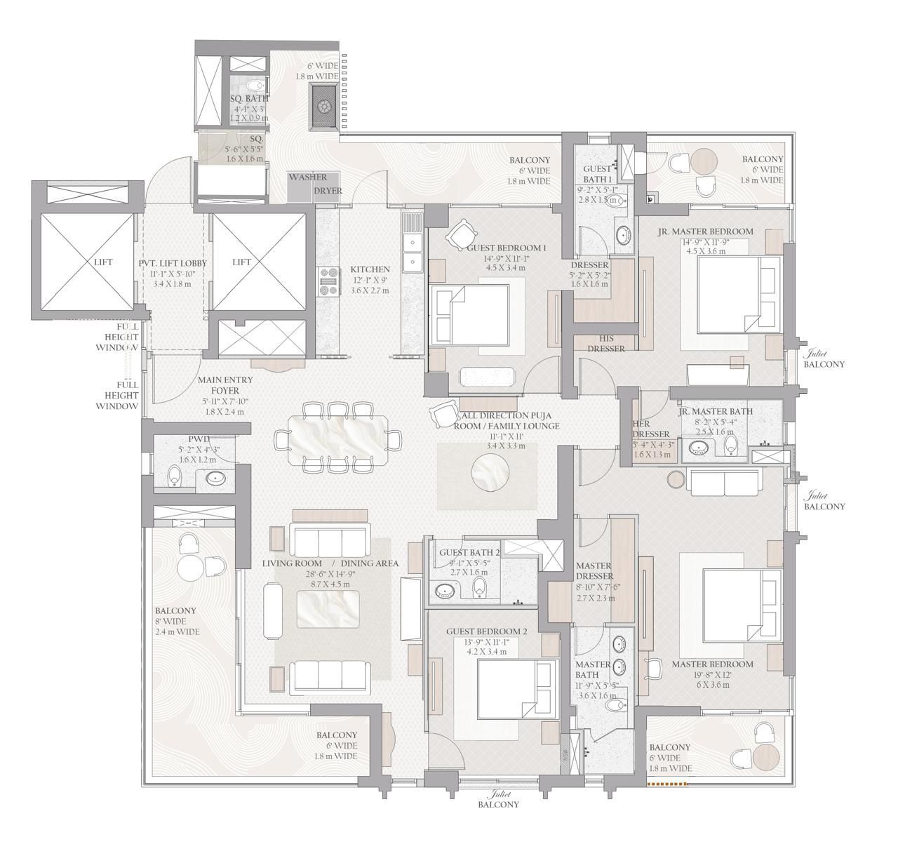 4 BHK + Servant Floor Plan