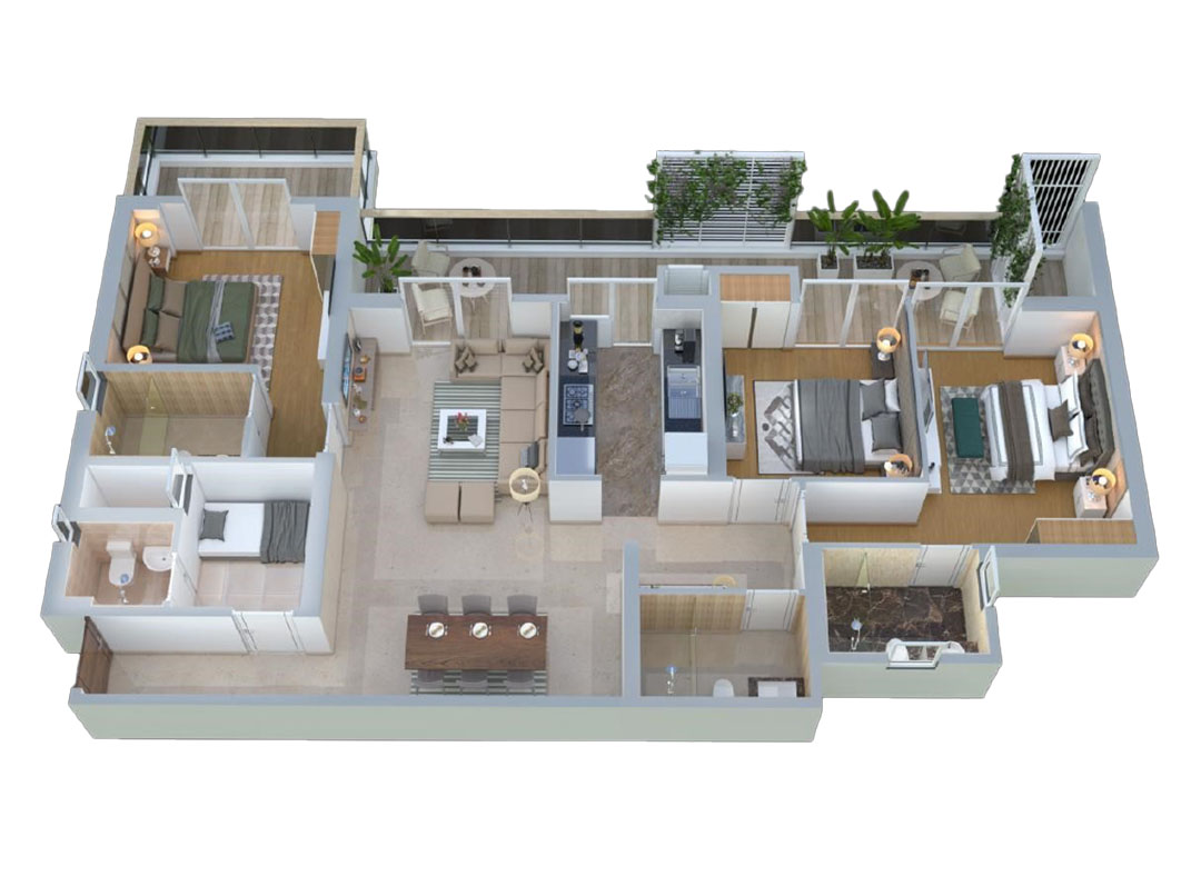 3 BHK + Servant Floor Plan