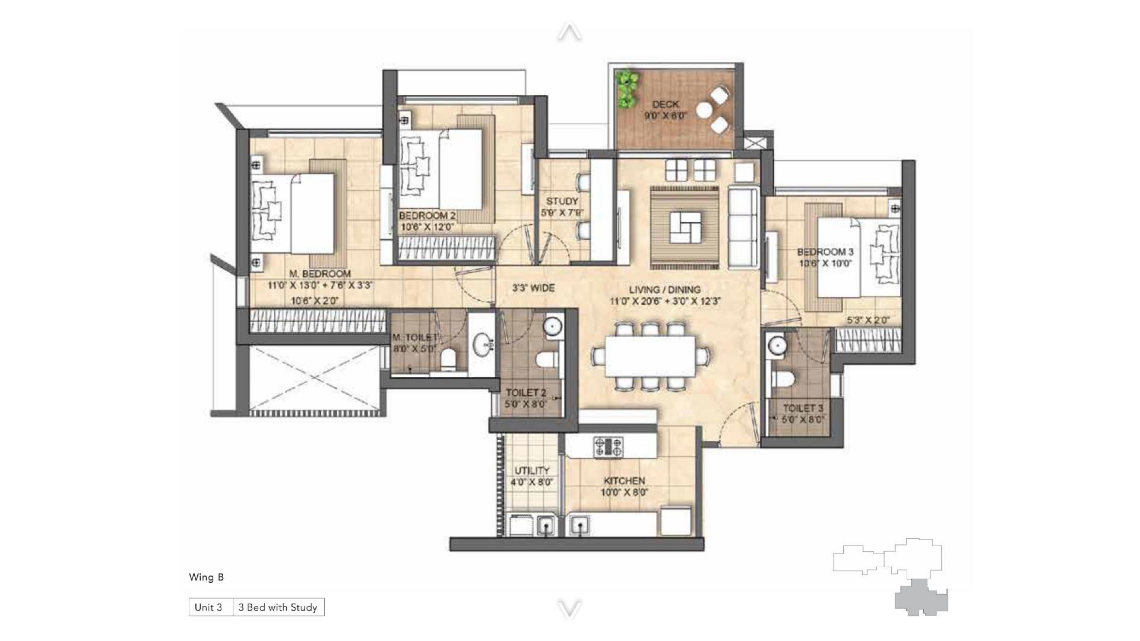 3 BHK + Study Floor Plan