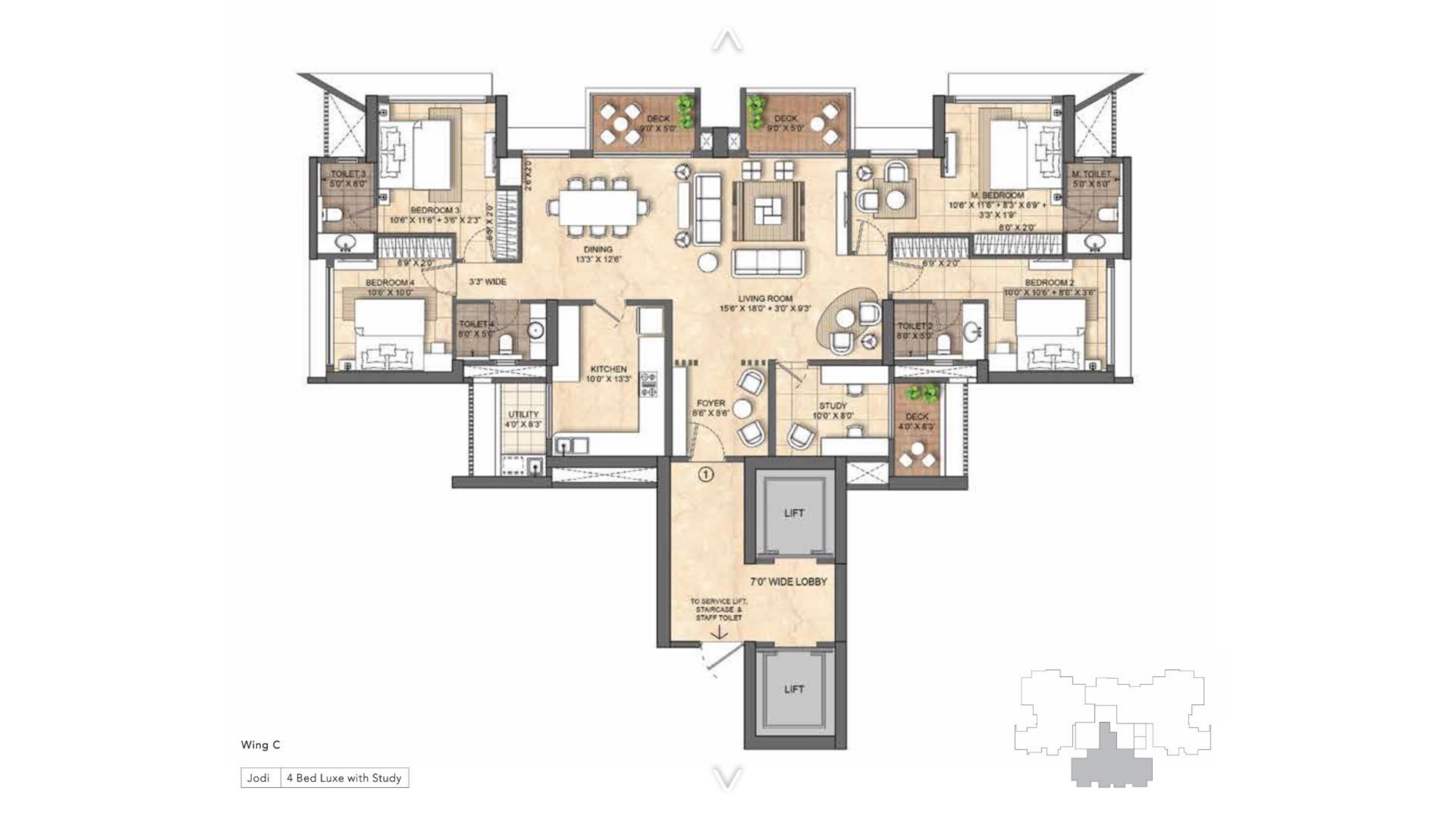 4 BHK + Study Floor Plan
