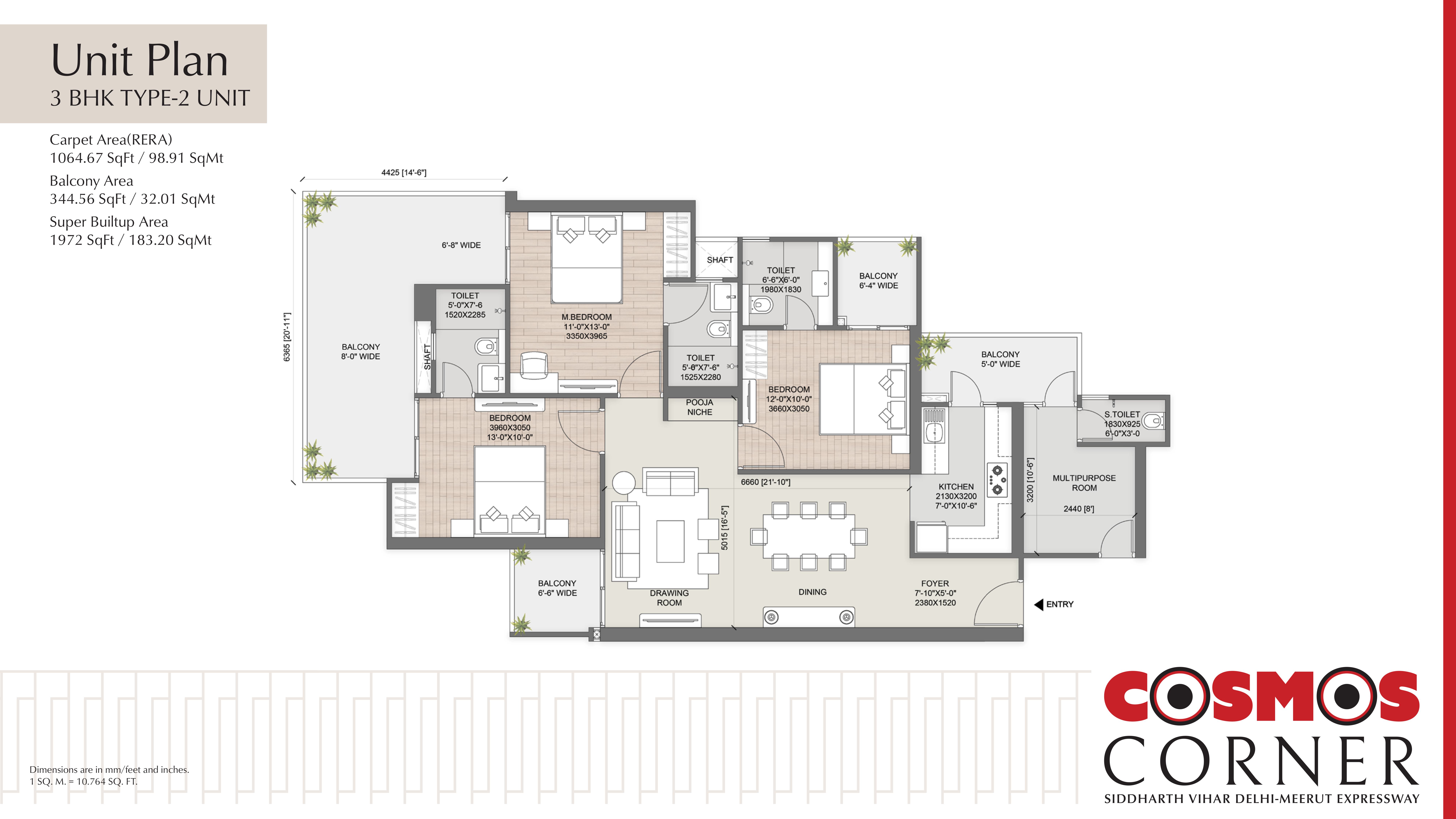3 BHK + Multipurpose Room Floor Plan