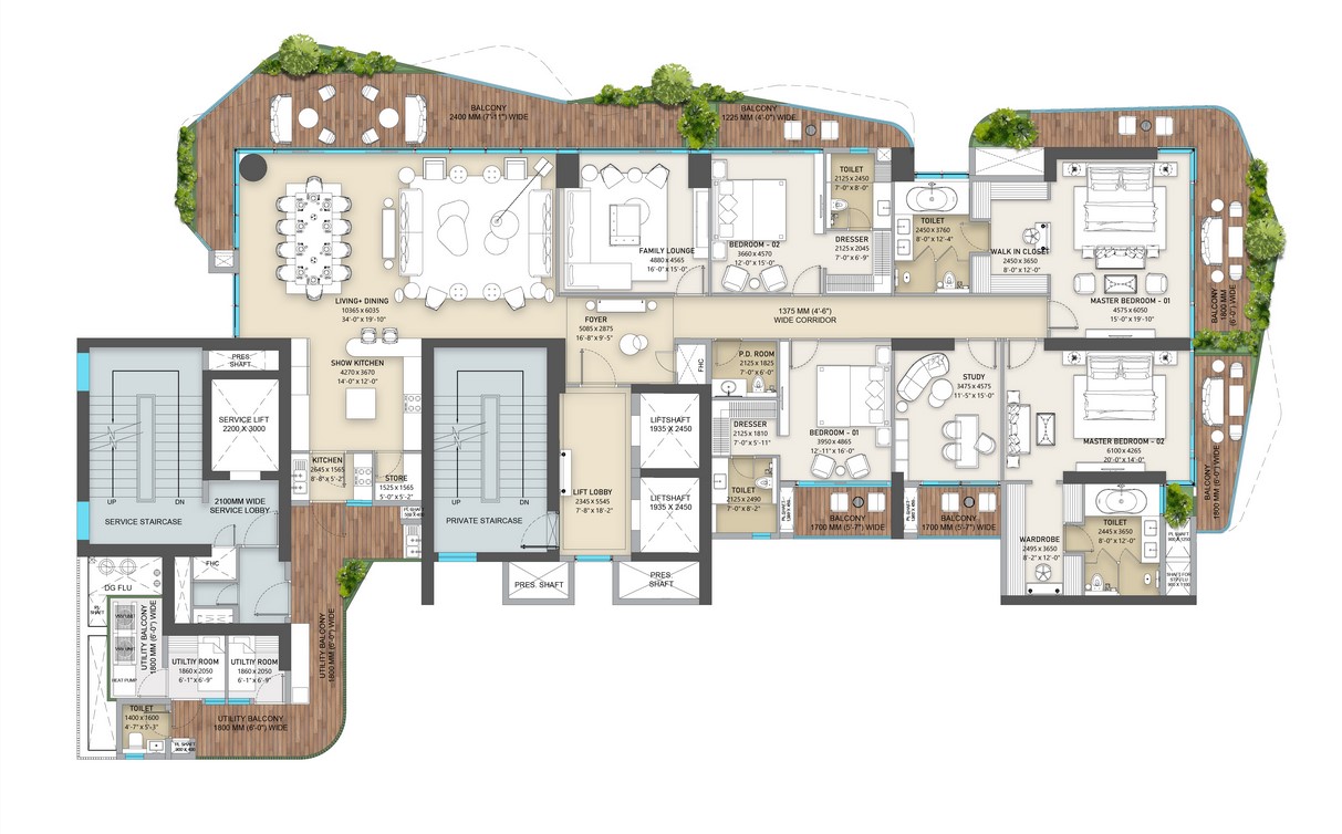 4 BHK + Lounge Floor Plan