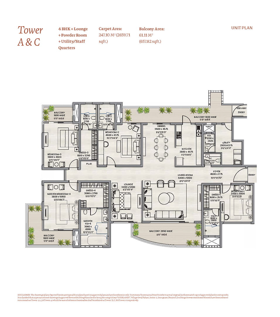4 BHK + Lounge + Powder Room + Utility/Servant Room Floor Plan