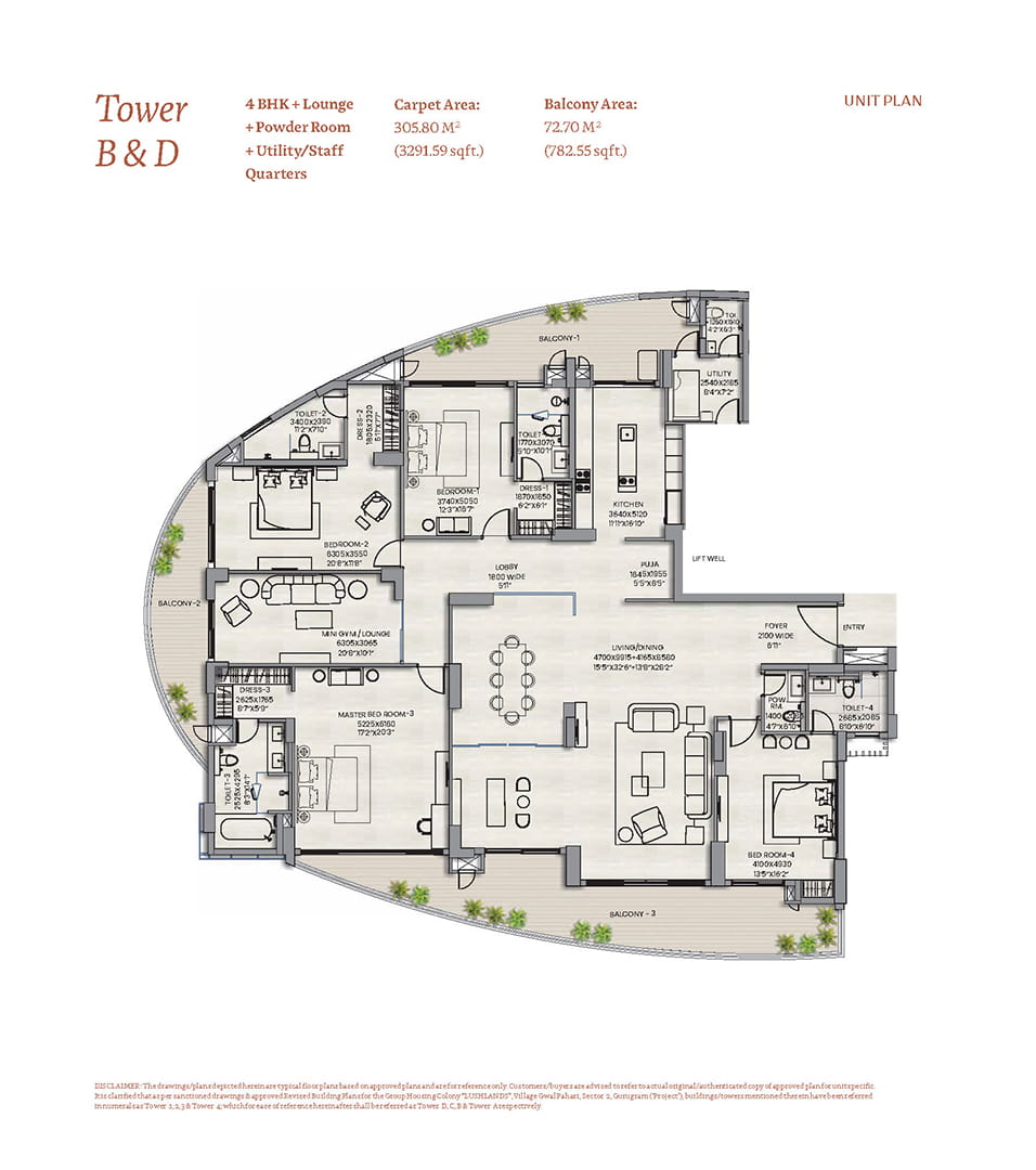 4 BHK + Lounge + Powder Room + Utility/Servant Room Floor Plan