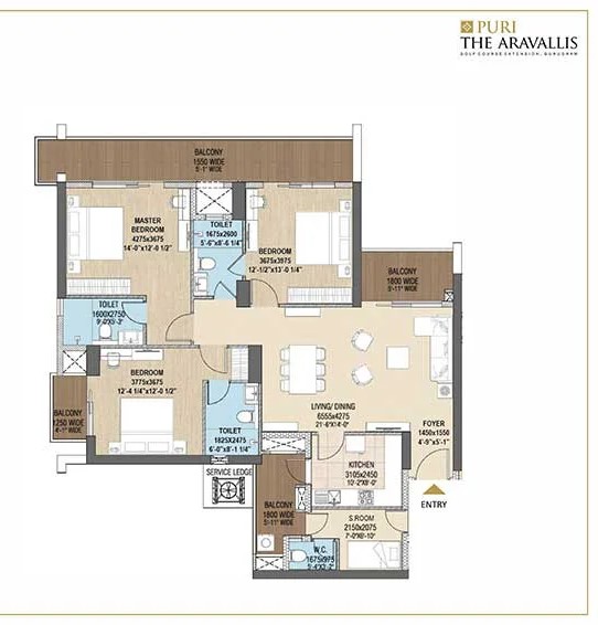 3 BHK + S Floor Plan