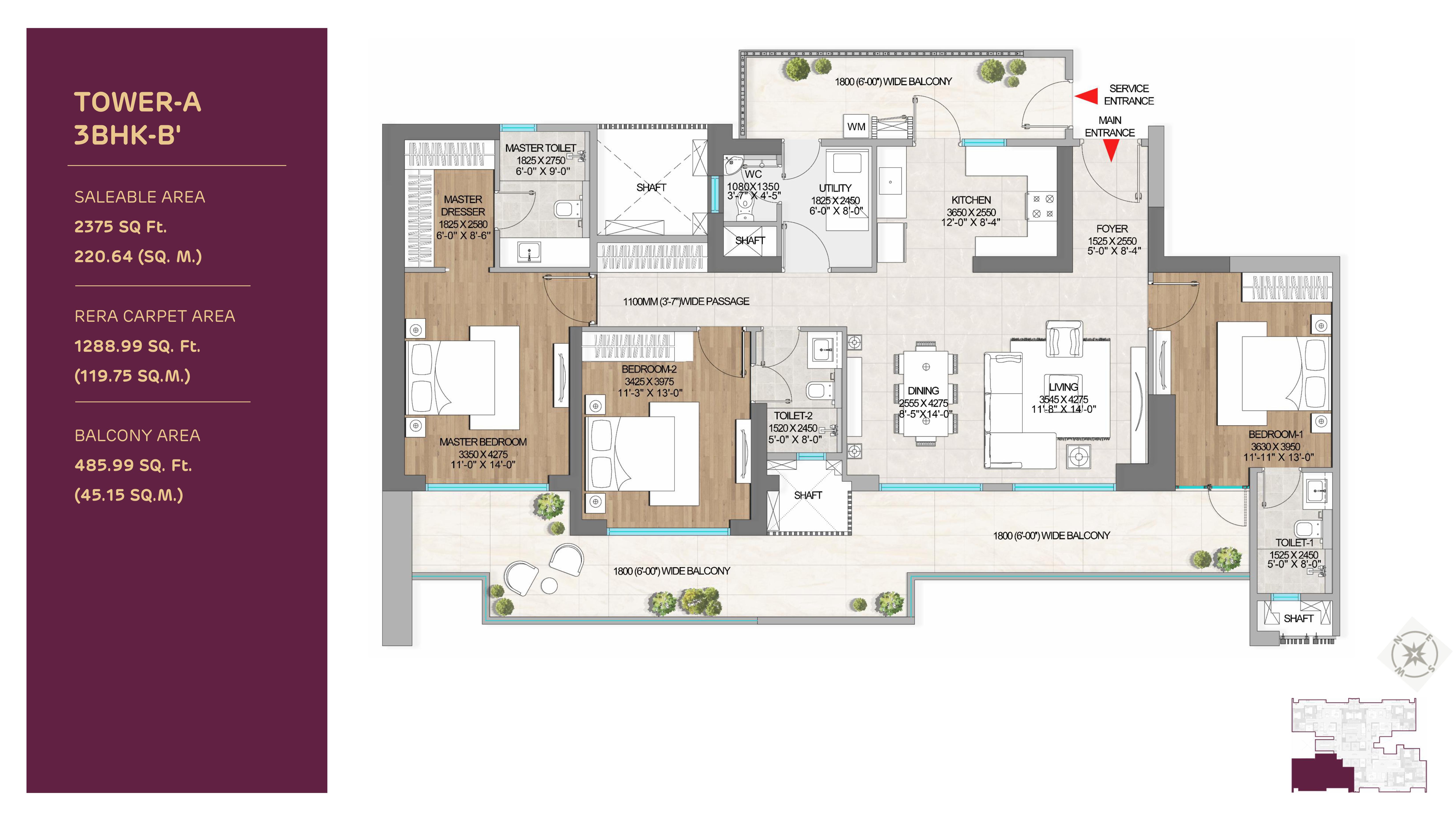 Adani The Marq 3 BHK + Study Floor Plan