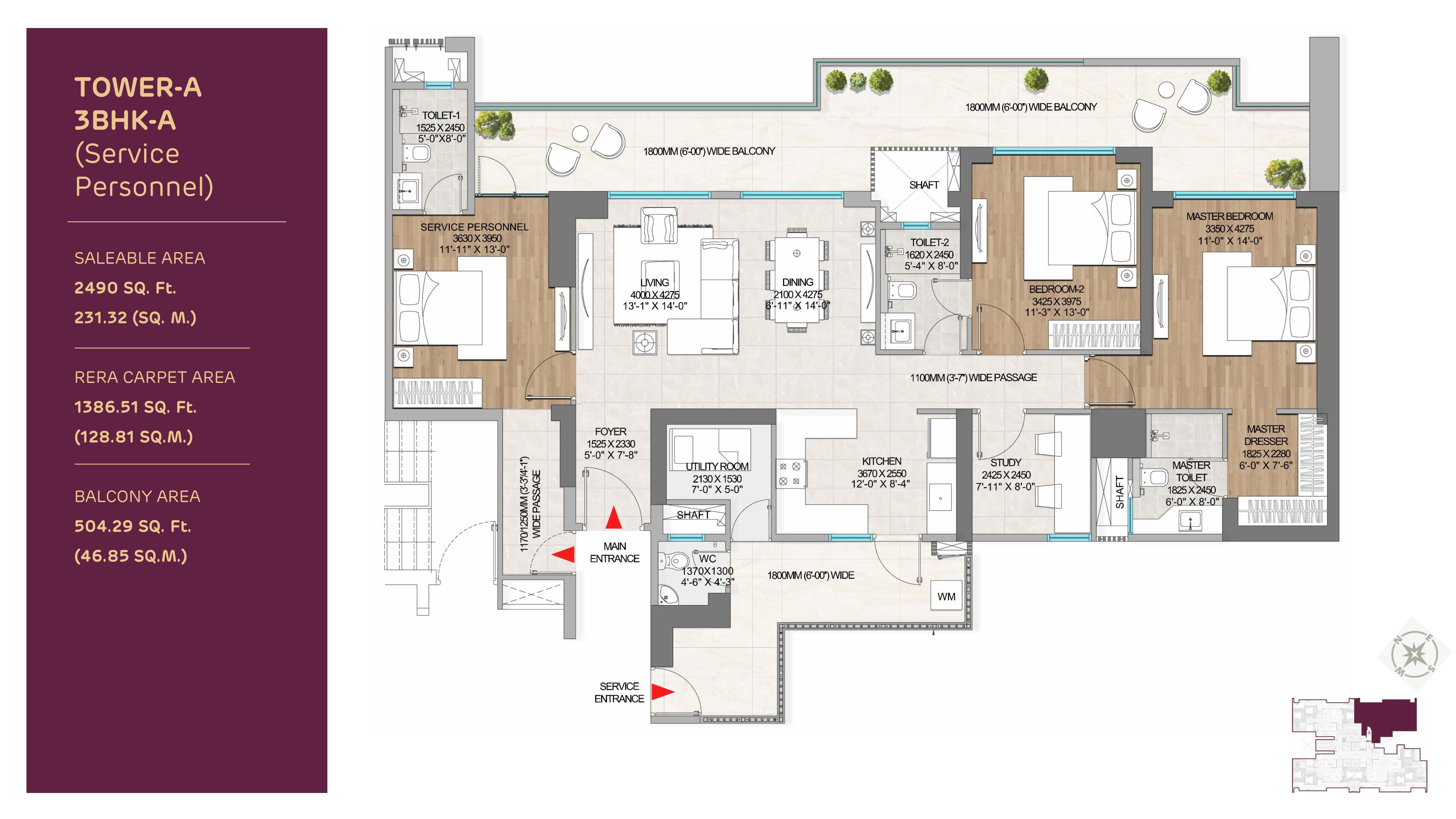 Adani The Marq 3 BHK + Study + SP Floor Plan