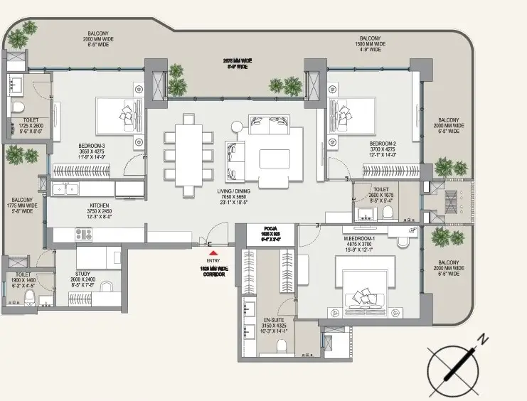 3 BHK + Utility Floor Plan