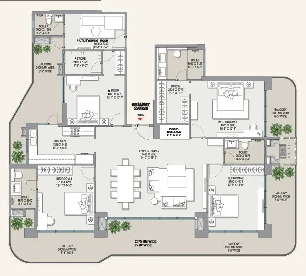 4 BHK + Utility Floor Plan