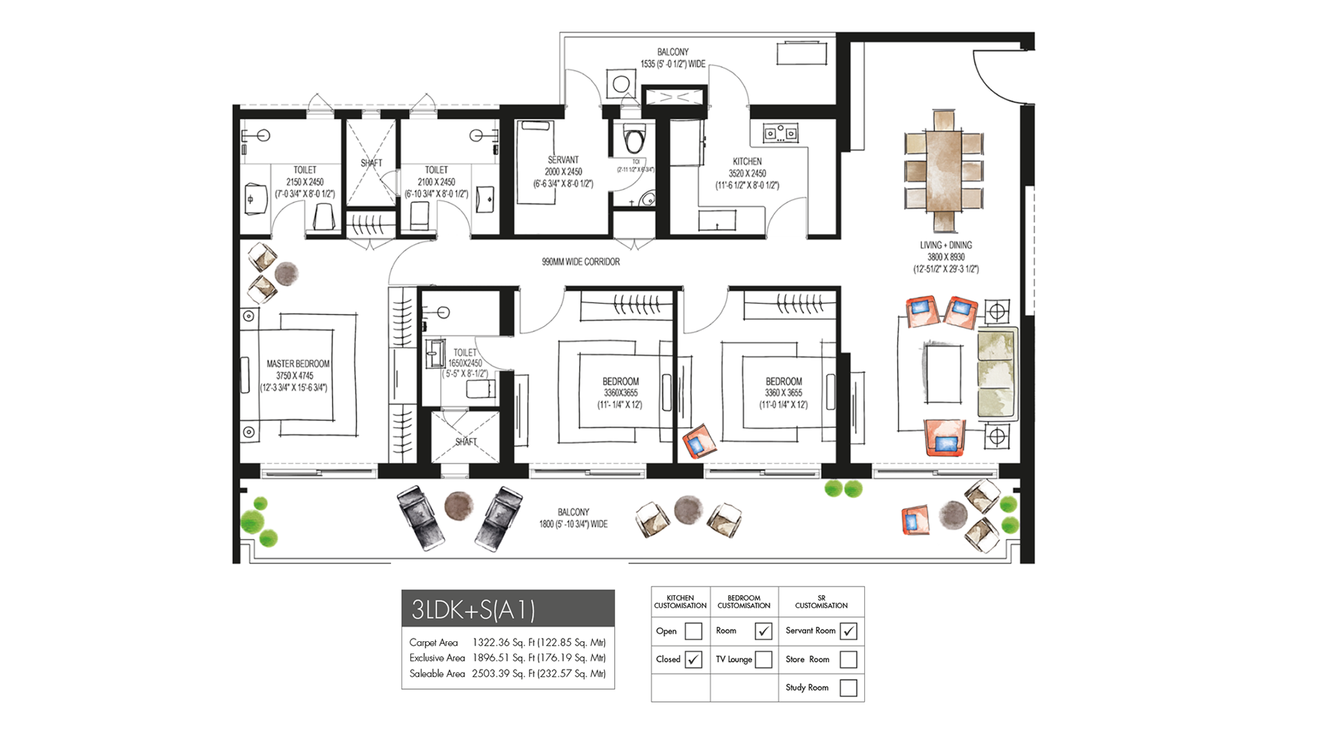 Krisumi Waterfall Residences 3 BHK + S Floor Plan