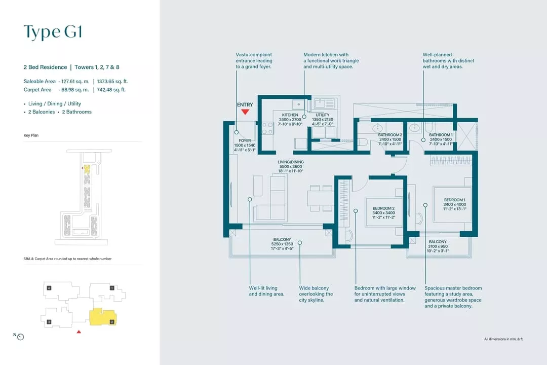 Sobha Rivana 2 BHK-1373- Floor Plan