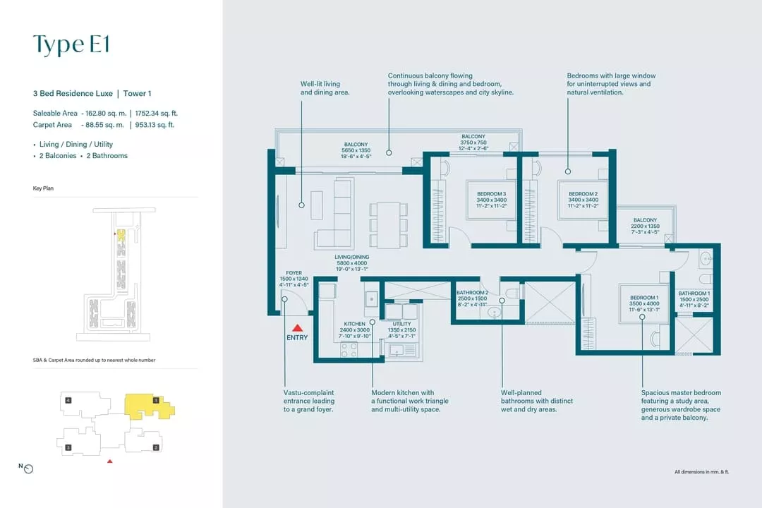 Sobha Rivana 3 BHK-1752- Floor Plan