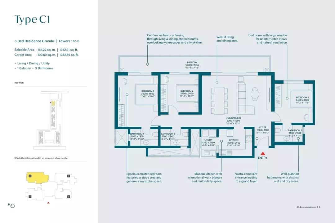Sobha Rivana 3 BHK-1982- Floor Plan