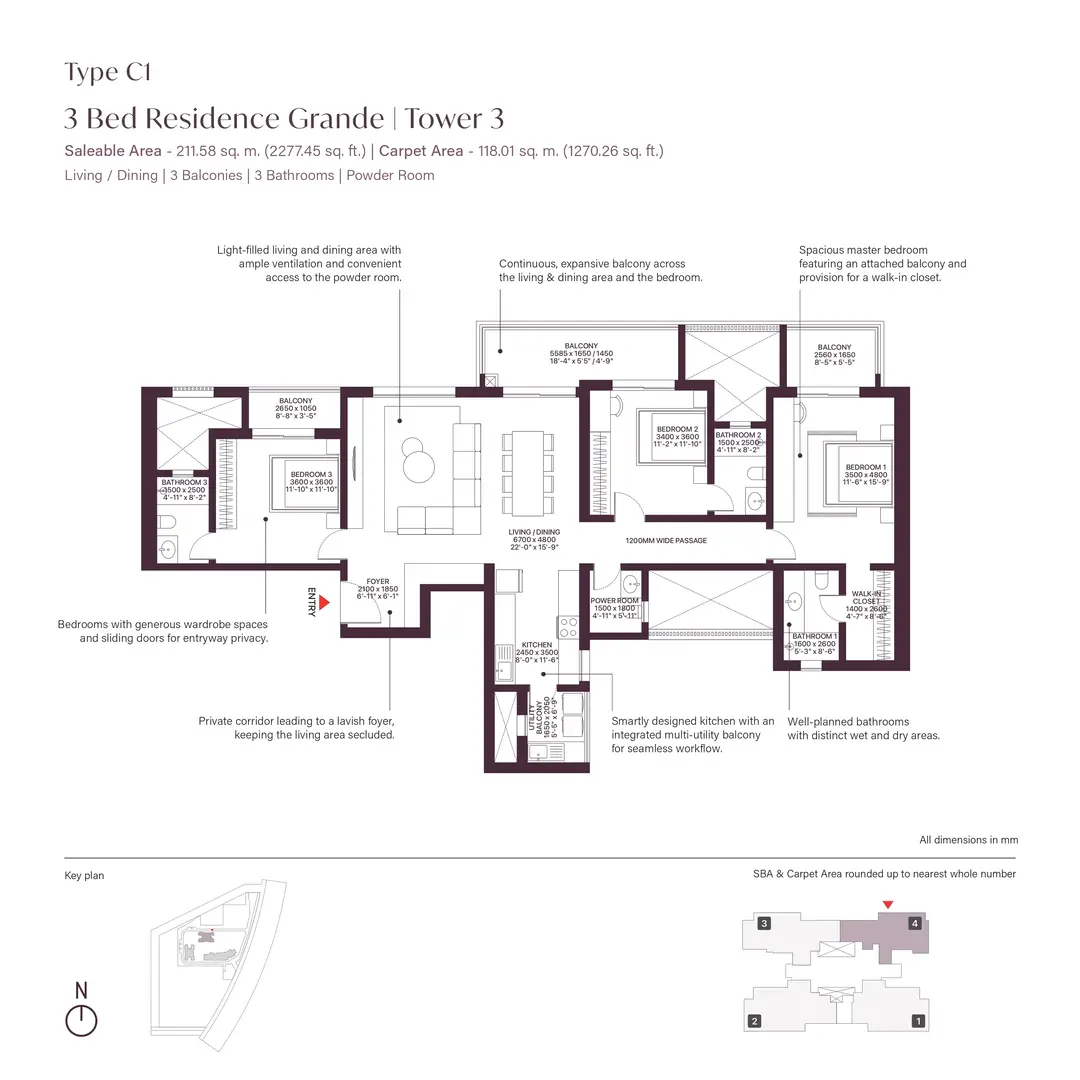 Sobha Crescent 3 BHK-2,277 Sq.Ft.