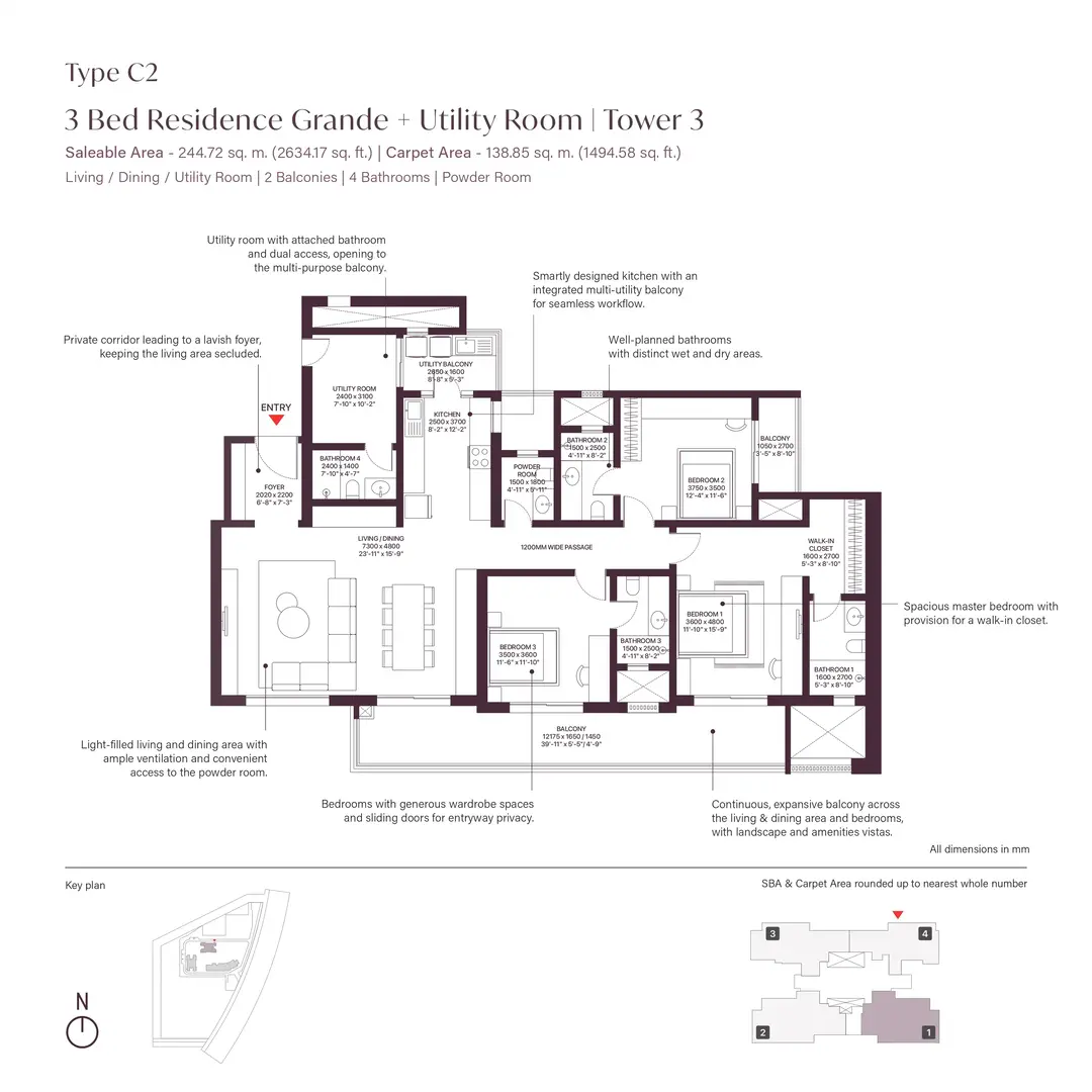 Sobha Crescent 3 BHK-2,634 Sq.Ft.