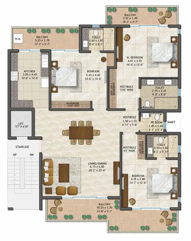 Adani Samsara Vilasa 2.0 3 BHK + Powder Room Floor Plan