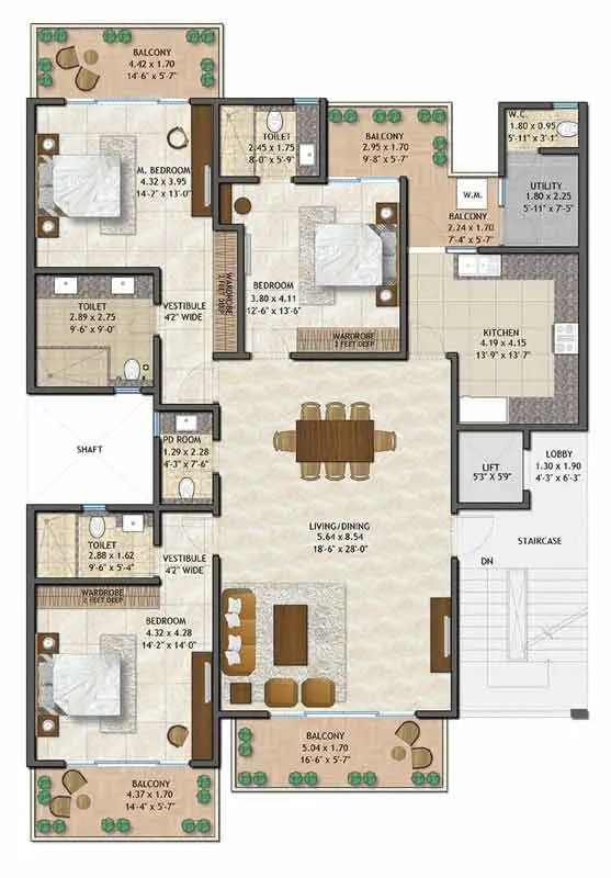 Adani Samsara Vilasa 2.0 3 BHK + Powder Room + Utility Room Floor Plan