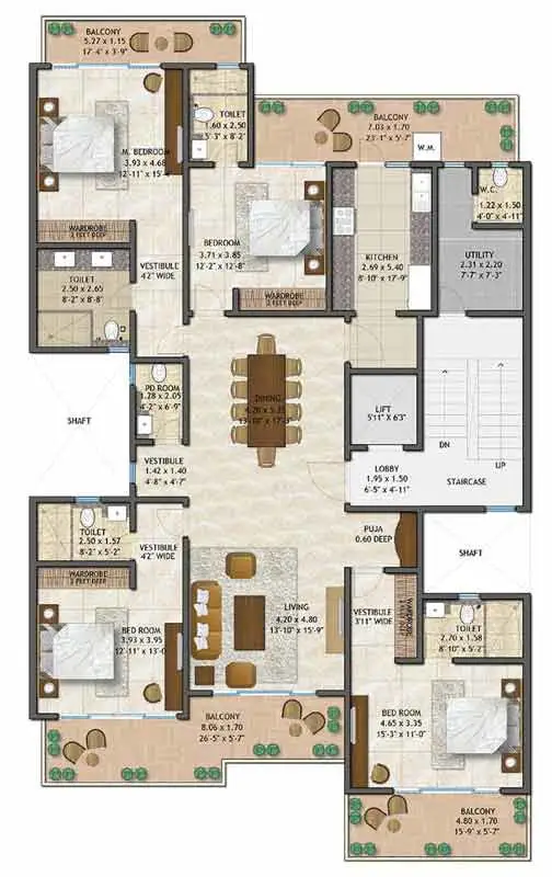Adani Samsara Vilasa 2.0 4 BHK + Powder Room + Utility Room + Puja Area Floor Plan