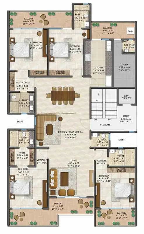 Adani Samsara Vilasa 2.0 4 BHK + Family Lounge + Powder Room + Utility Room Floor Plan