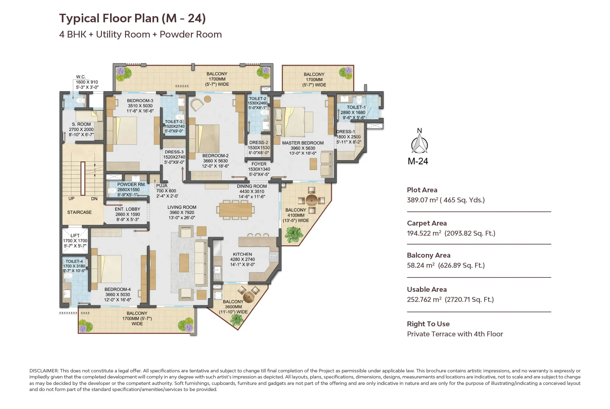 Samsara Arya 4 BHK + Utility Room + Powder Room (Variant 1) Floor Plan