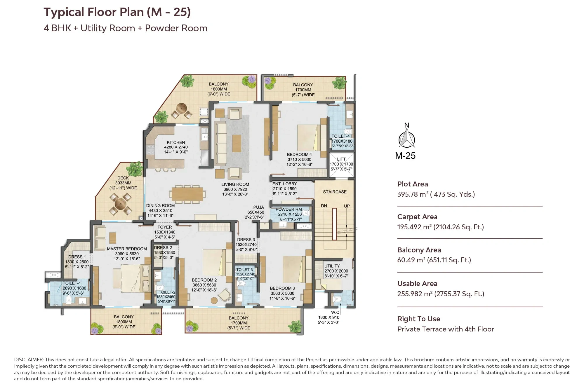 Adani Samsara Arya 4 BHK + Utility Room + Powder Room (Variant 2) Floor Plan