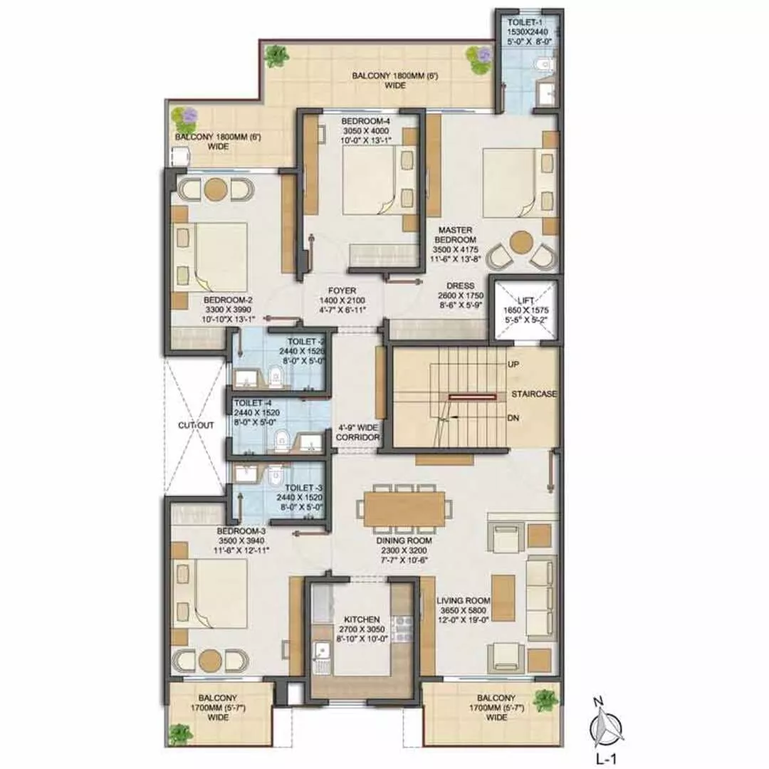 Adani Samsara Avasa Type 1 – 4 BHK + Utility Floor Plan