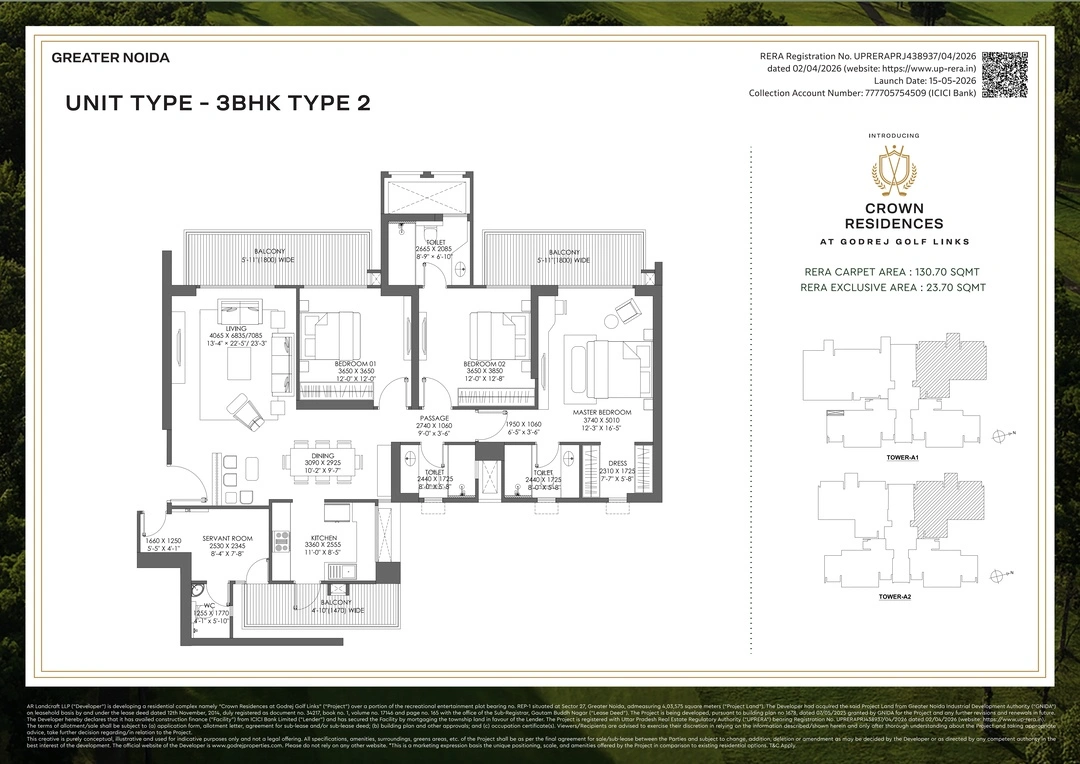 Godrej Crown Residences 3 BHK + Utility Floor Plan
