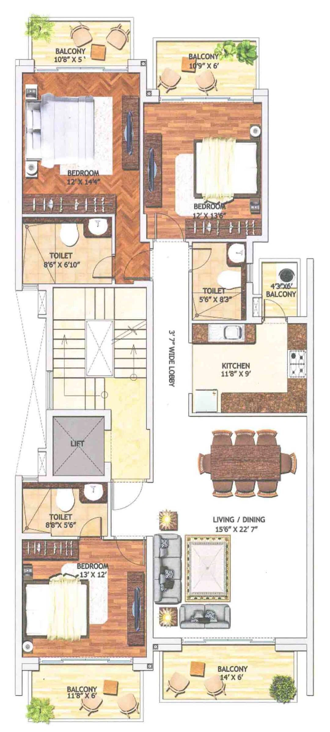 Adani Brahma Samsara Type AB1, 3 BHK