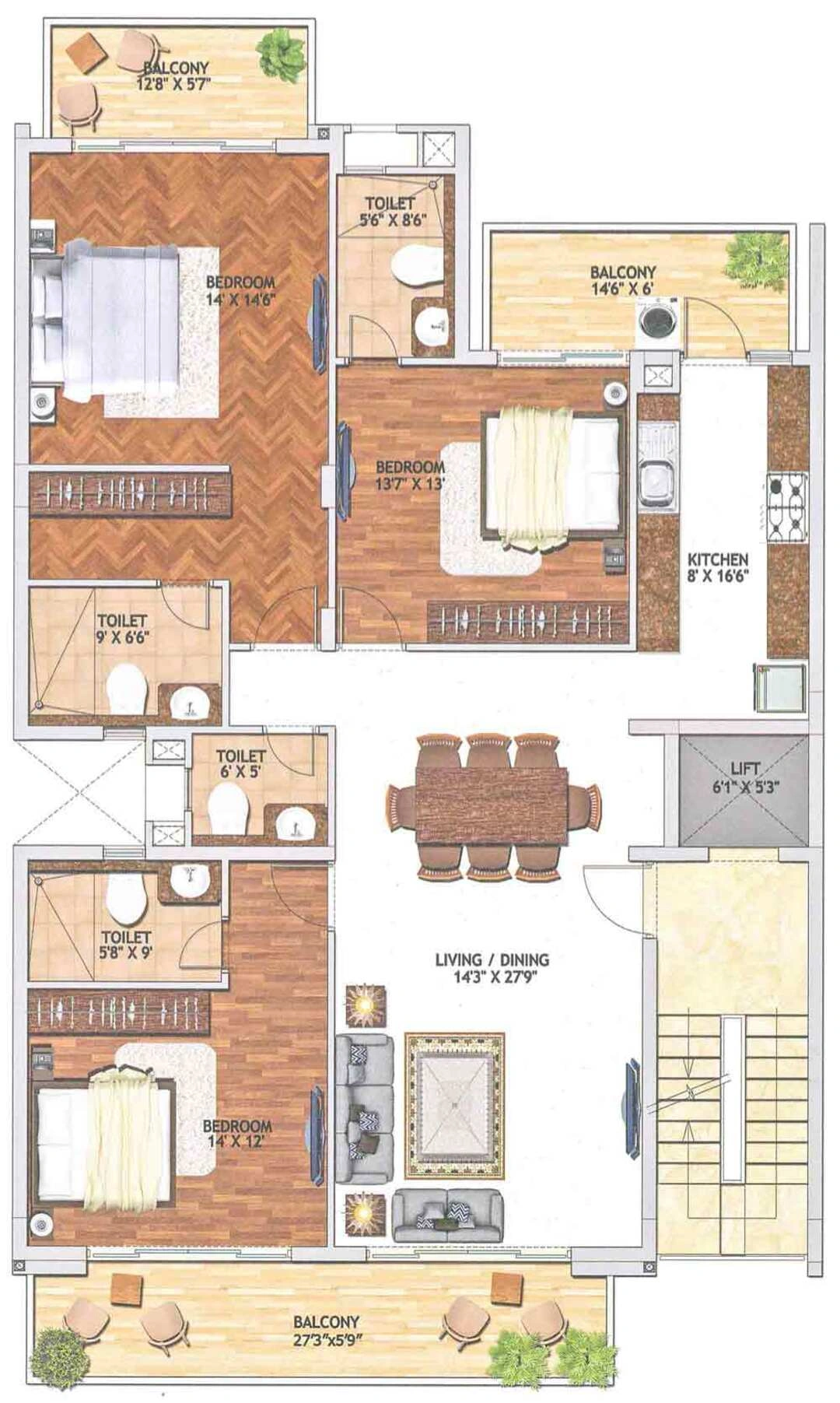 Adani Brahma Samsara Type B2, 3 BHK