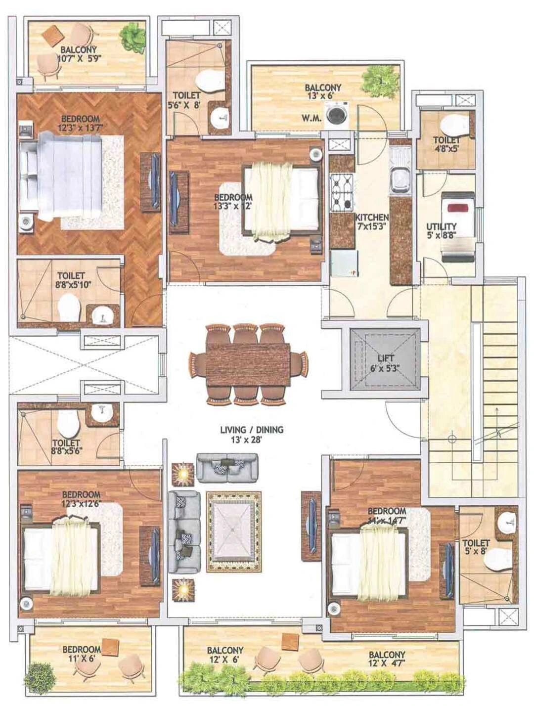 Adani Brahma Samsara Type C1, 4 BHK + SQ