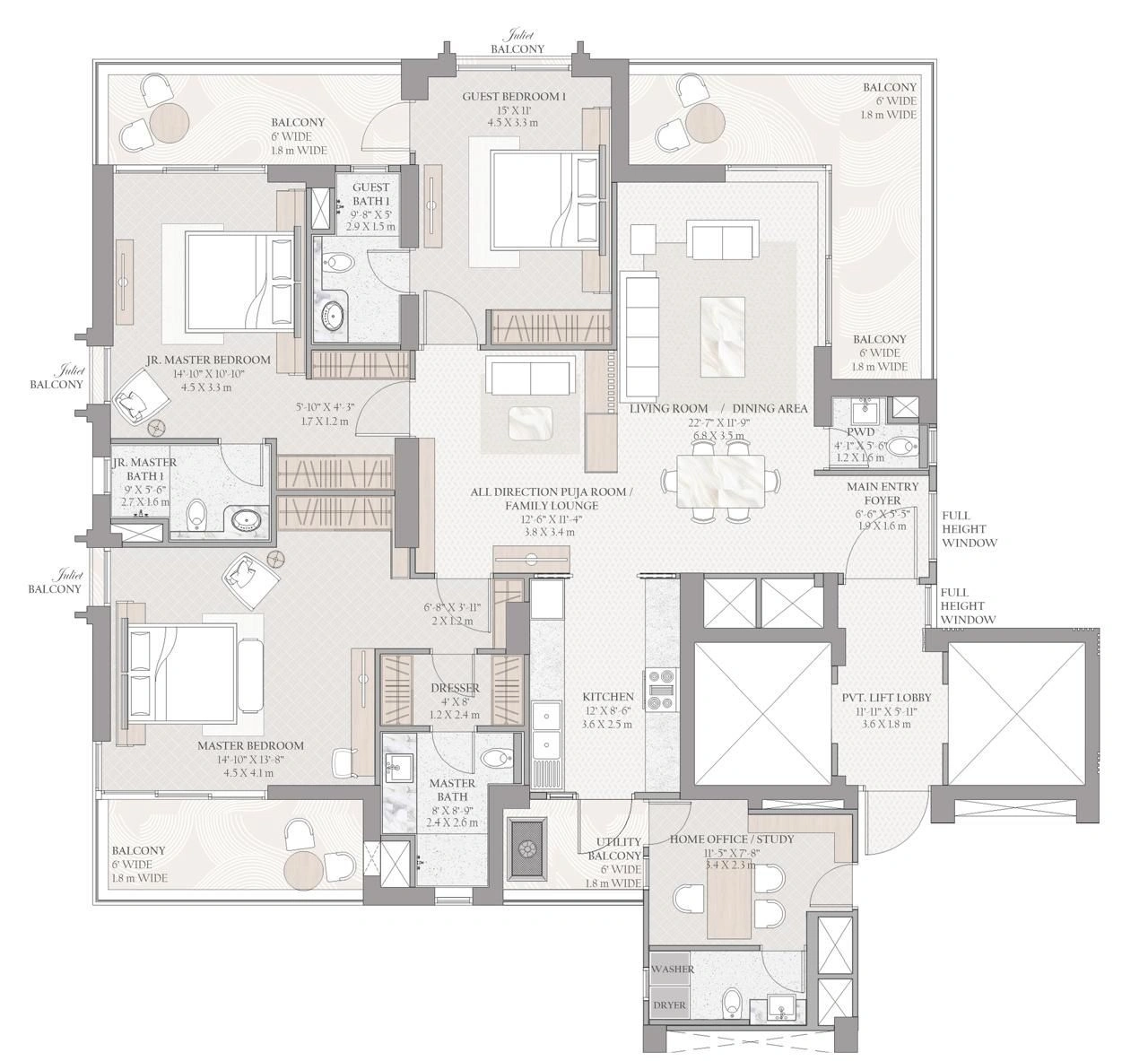 TARC Ishva 3 BHK + Servant/Study Floor Plan
