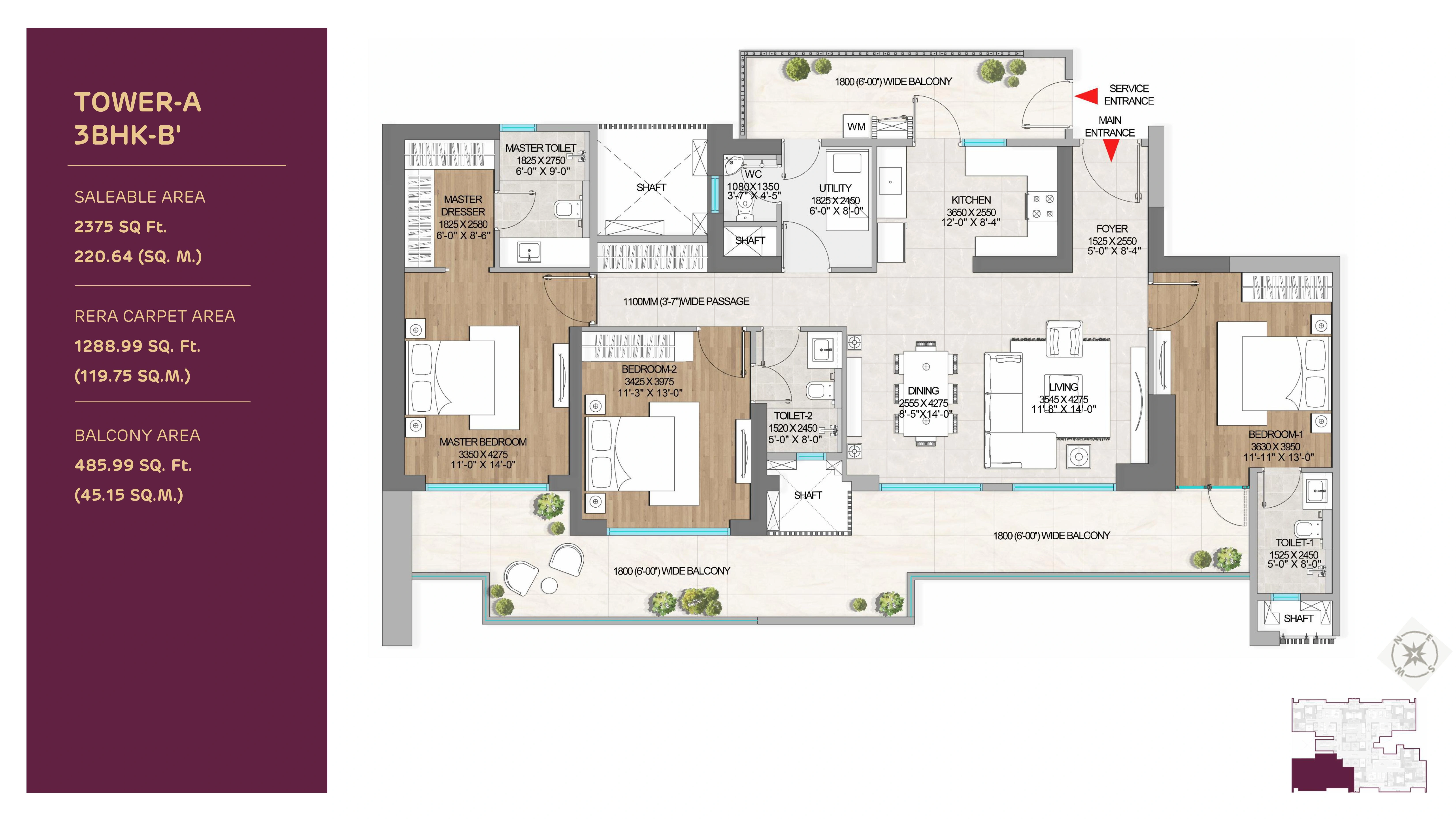 Adani The Marq 3 BHK + Study Floor Plan