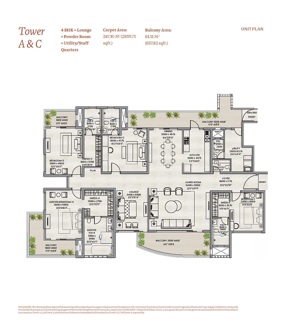 Adani Lushlands 4 BHK + Lounge + Powder Room + Utility/Servant Room Floor Plan