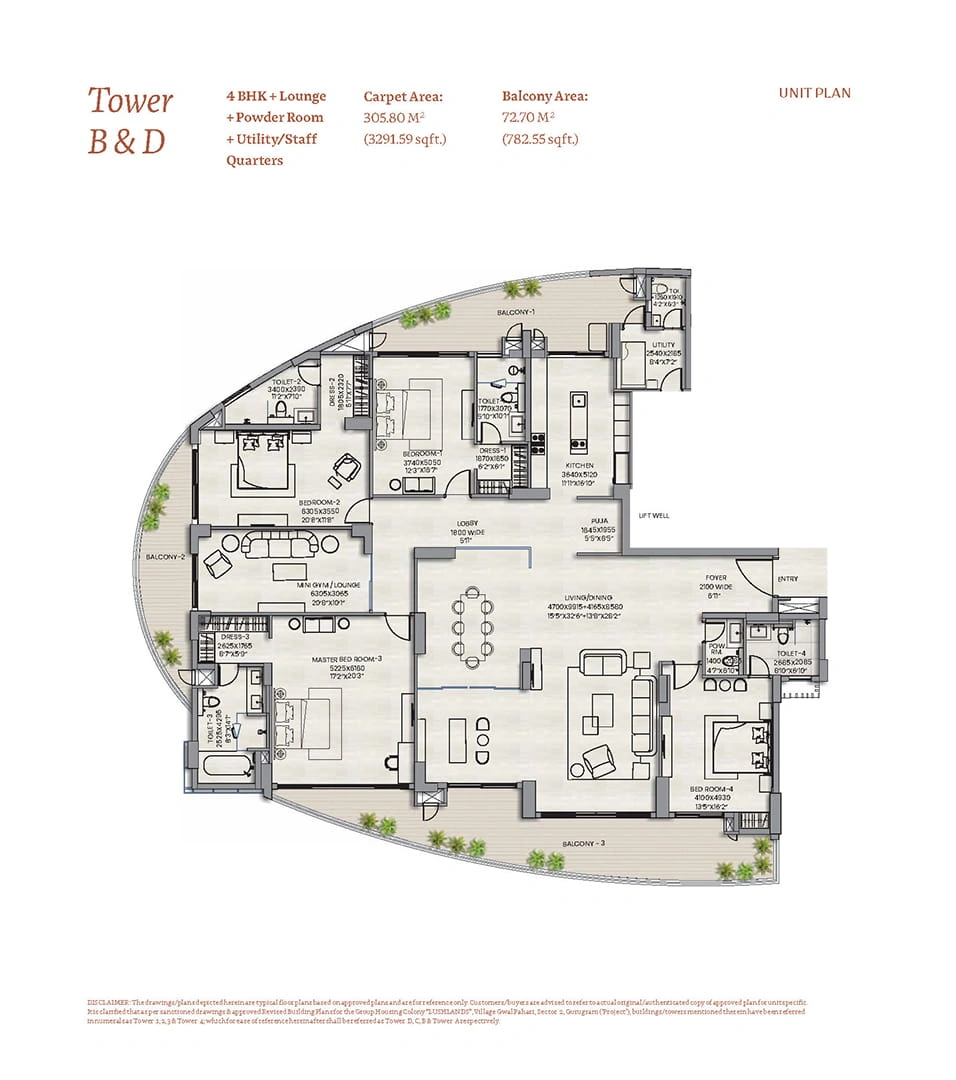 Adani Lushlands 4 BHK + Lounge + Powder Room + Utility/Servant Room Floor Plan