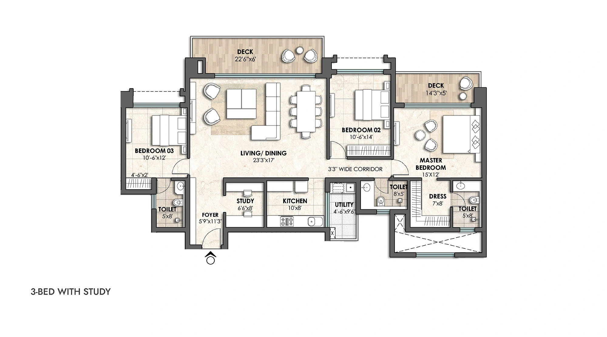 Lodha Azur 3 BHK + Study Floor Plan