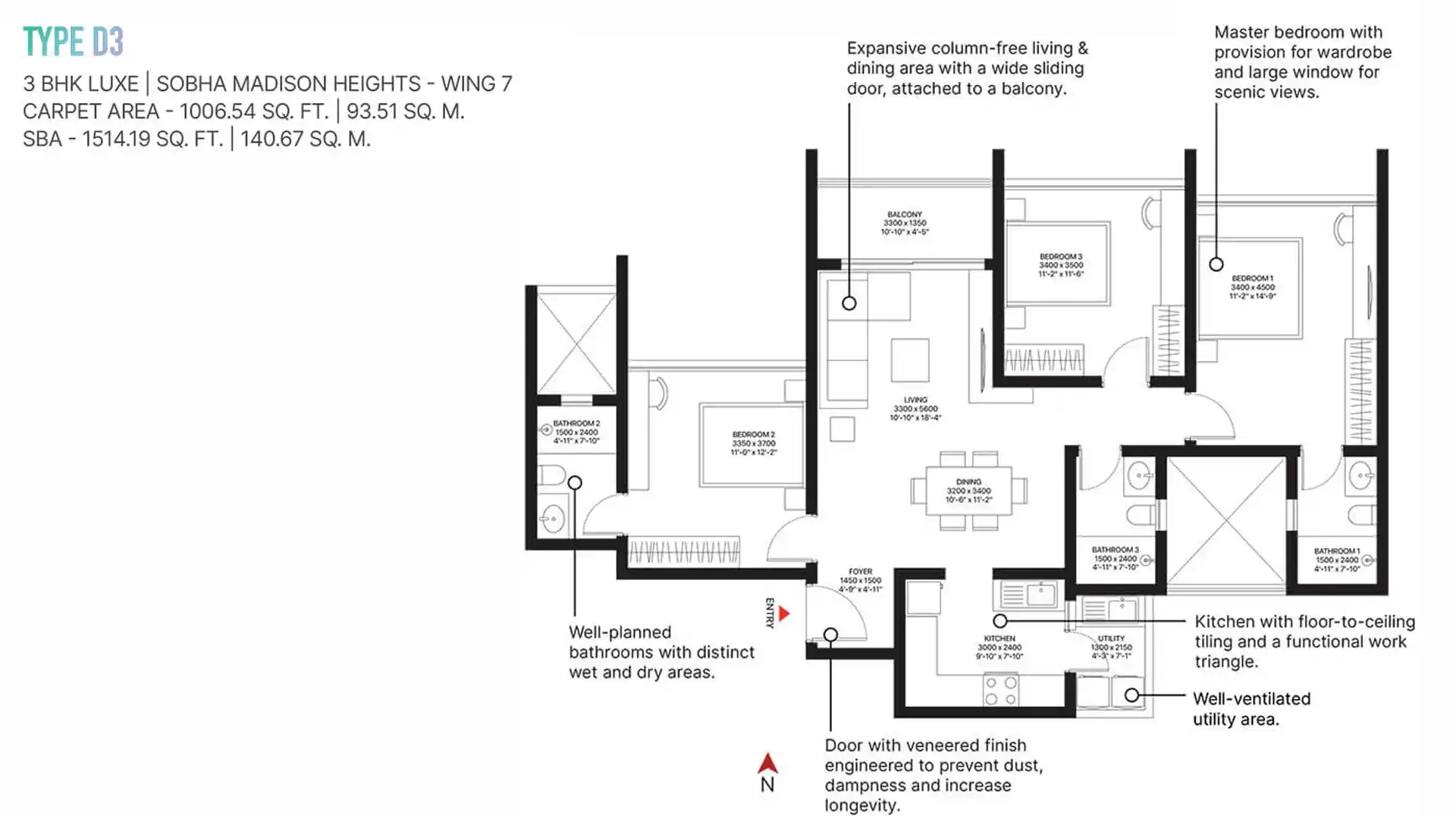 Sobha Madison Heights 3 BHK Luxe Floor Plan