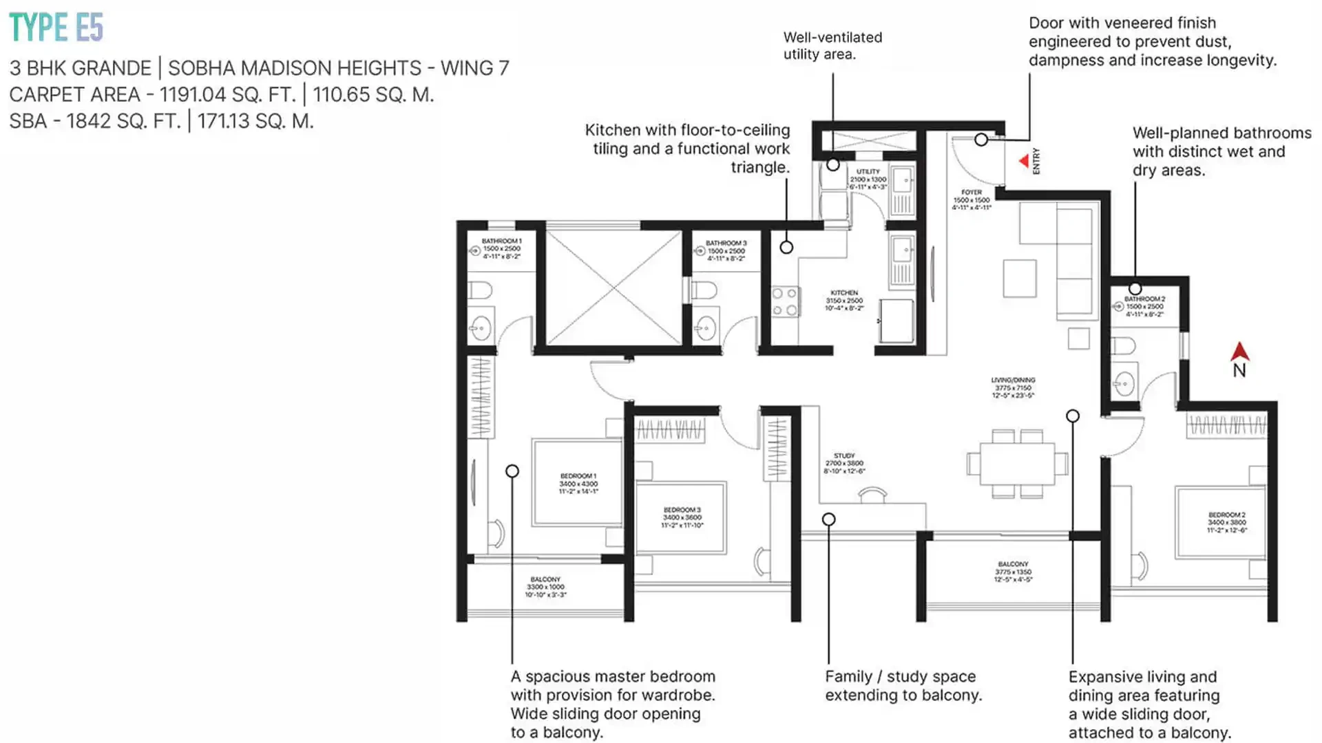 Sobha Madison Heights 3 BHK Grande Floor Plan