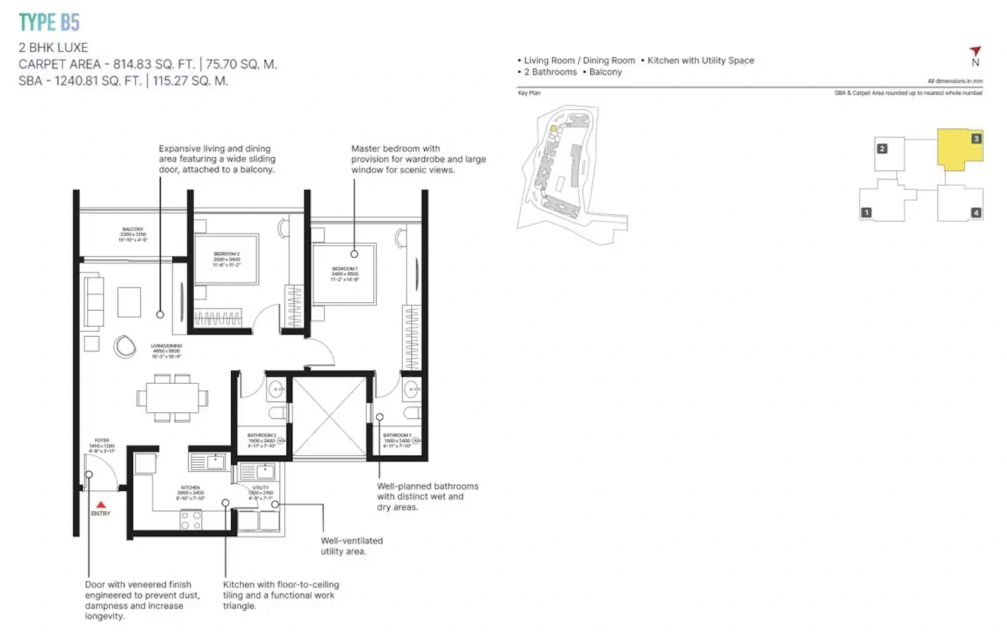 Sobha Hamptons 2 BHK Luxe Floor Plan