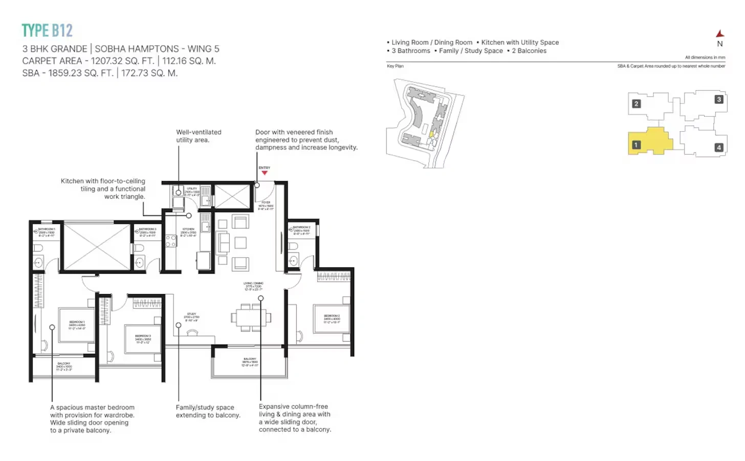 Sobha Hamptons 3 BHK Grande Floor Plan