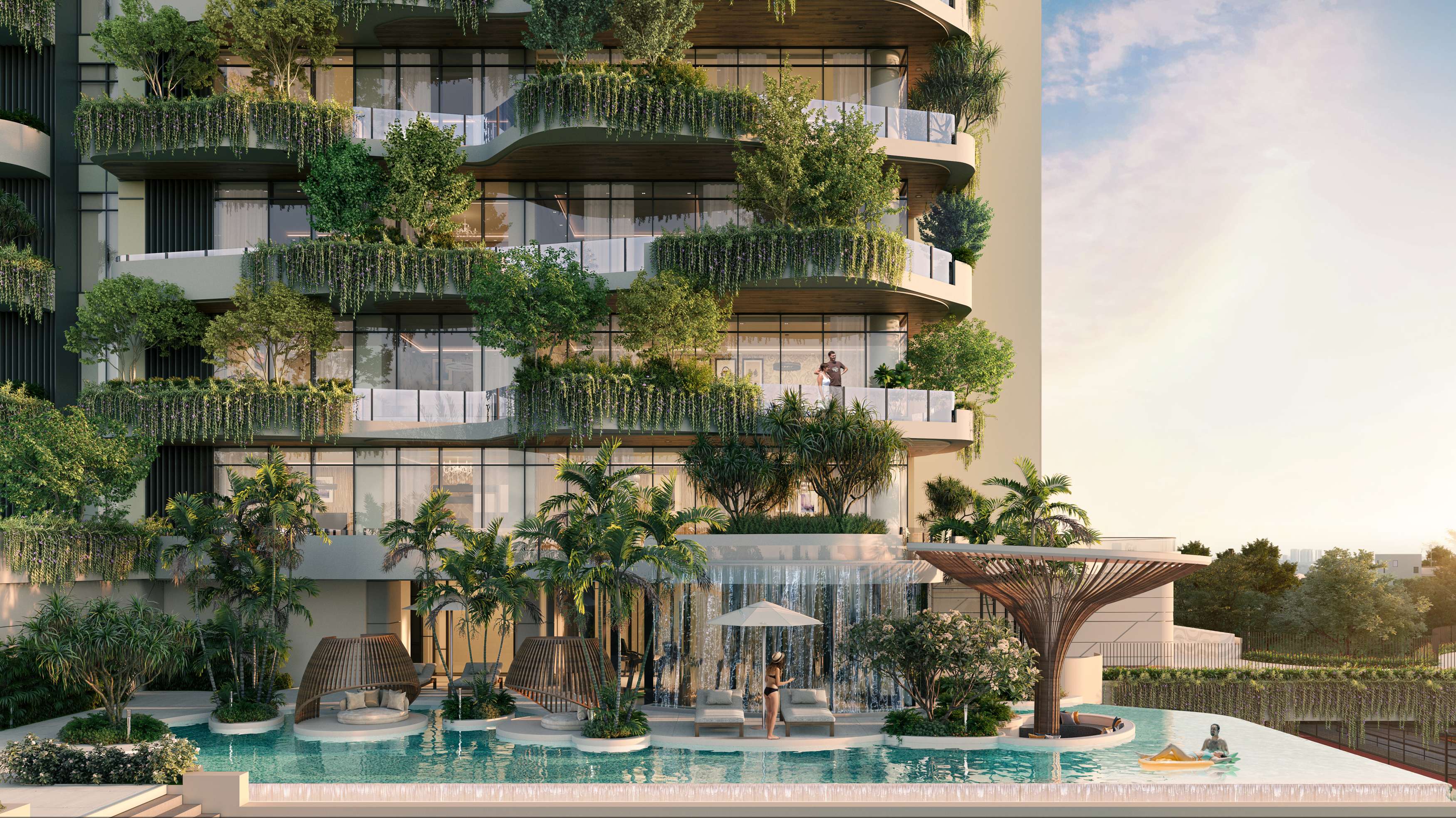 Shallow water feature with planters