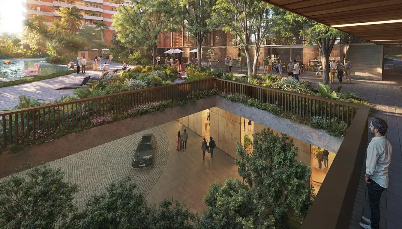 Max Estate 360 Eco-friendly luxury residential courtyard with pool view